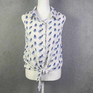 Fifteen Twenty Top Womens Large White Blue Beetle Print Front Tie Button Blouse